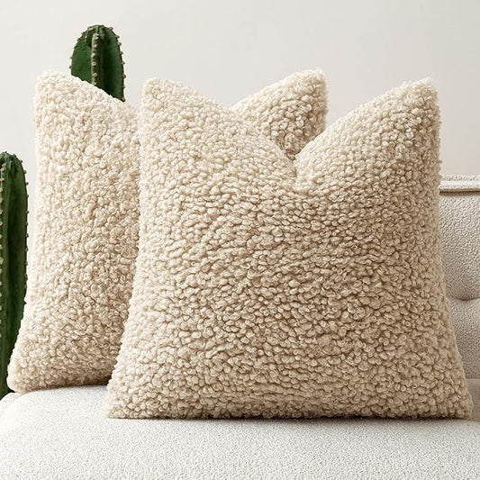 Woaboy Faux Fur Throw Pillow Covers 18x18 Inch Set of 2 Boucle Neutral Decorative Sherpa Fuzzy Accent Soft Sheepskin Fleece Cushions Modern Home Decor for Couch Sofa Bedroom Living Room,Oatmeal