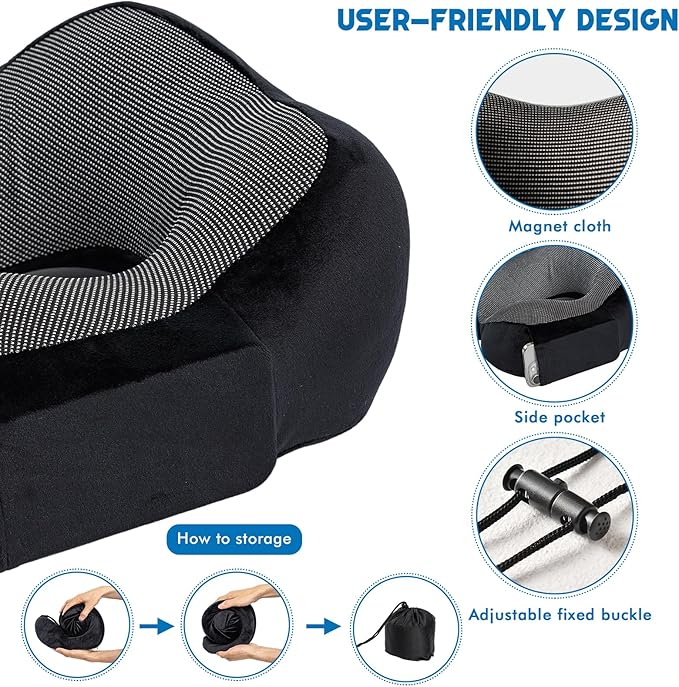 Airplane Foot Hammock for Plane Travel, Heavy-Duty Adjustable Foot Rest with Reinforced Metal Buckles, Ergonomic Bamboo Foot Hammock with Eye Mask & Neck Pillow, Portable Airplane Travel Essentials