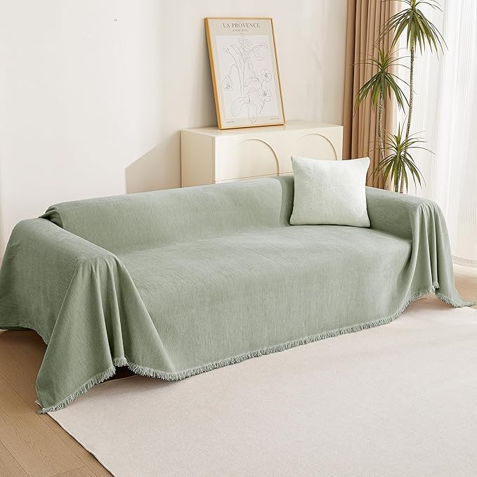 MYSKY HOME Sectional Couch Cover Blanket Living Room Furniture Protector for Pets, Farmhouse Home Decor Sofa Covers Tassel Chenielle Sofa Slipcover Soft Throw Couch for Dogs,71" X 118", Sage Green