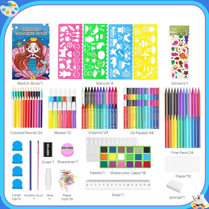 homicozy Art Supplies for Kids Ages 4-12,Mermaid Drawing Sets Art Case,Coloring Kits with Double Sided Trifold Easel,Crayon,Colored Pencil,Marker,Coloring Book,Drawing Stuffs Gifts for Girls Age 4-6-8
