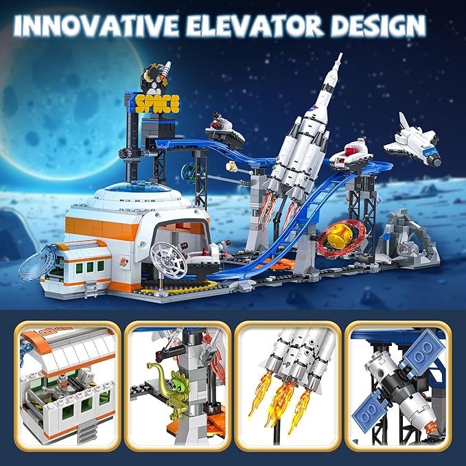 Space Roller Coaster Building Toy for Boys 12+, City Amusement Park Building Block Featuring a Roller Coaster Toy, Lift Platform, Satellites, Rocket, Christmas Toy for Kids Ages 12+, 1288Pcs