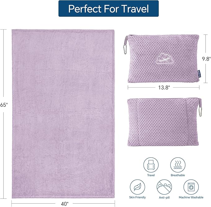BEDELITE Travel Blanket with Bag, Ultra-Soft Jacquard Fleece Blanket with Luggage Sleeve & Backpack Clip, Airplane Blanket Travel Essentials, Lavender