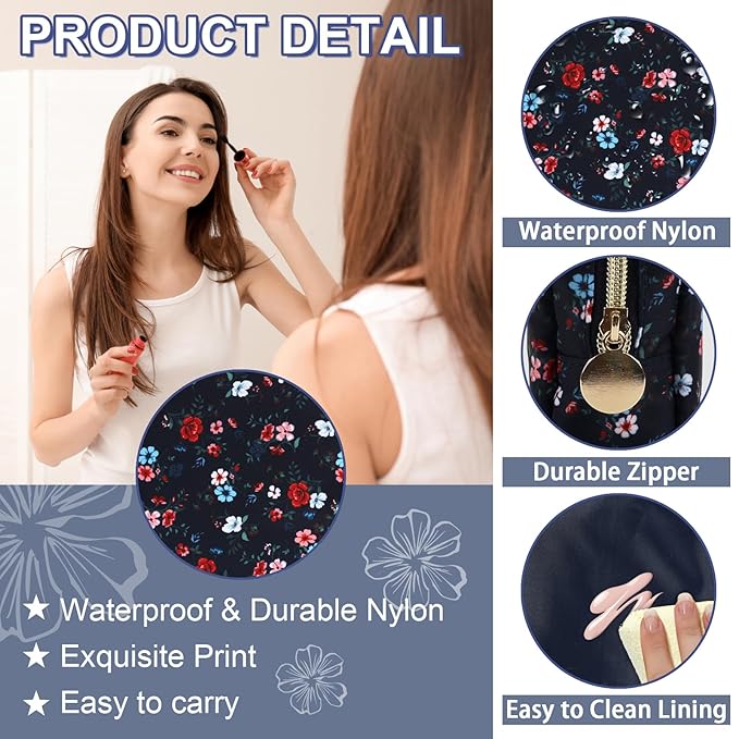 UIXIZQ Waterproof Mini Floral Makeup Bag Pouch for Purse,Nylon Flower Cosmetic Travel Bag Small Preppy Toiletry Organizers Bag for Women Girl,Cute Zipper Pouch Coin Purse for Work(Mini Black-Flowers)
