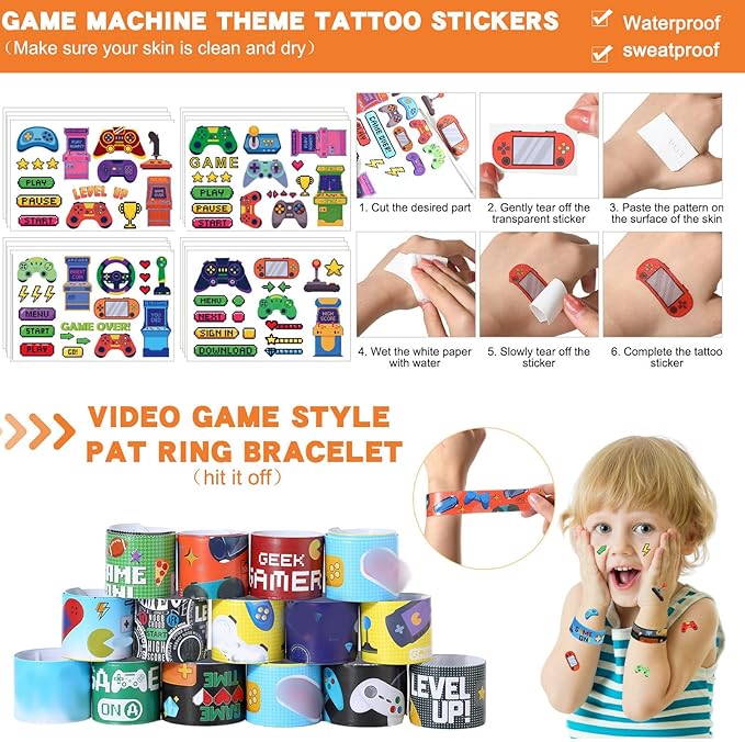 251 Pcs Video Game Party Favors Set Includes Gift Bags Pencils Notebook Sharpener Slap Bracelets Rings Keychains Tattoo Gaming Stickers Stamper Gamer Party Favors for Kids Gamer Birthday