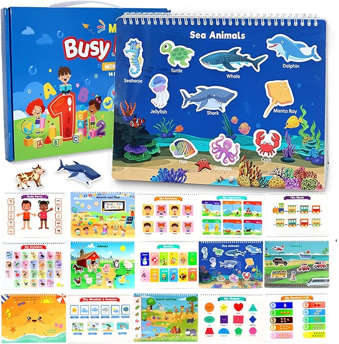 Busy Book for Toddlers, Preschool Learning Activities Book, 28 Pages Pre K Montessori Early Educational Learning Coloring Book, Autism Sensory Travel Toys, Gift Toys for Ages 3 4 5 6 7 Boys Girls