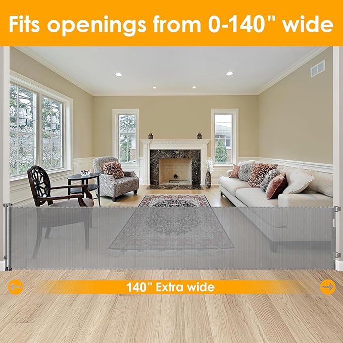 140 Inch Outdoor Retractable Gate for Dogs Extra Wide Baby Gate Retractable Dog Gates for Doorway Extra Wide Dog Gate for Large Openings Extra Wide Pet Gate for Stair Retractable Baby Gates for Stairs