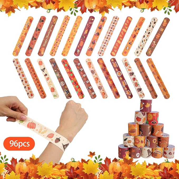 96PCS Thanksgiving Maple leaf Themed Slap Bracelets for Thanksgiving Party Favors, Fall party Favors,Birthday Party Favors,Classroom Prizes ,24 Designs