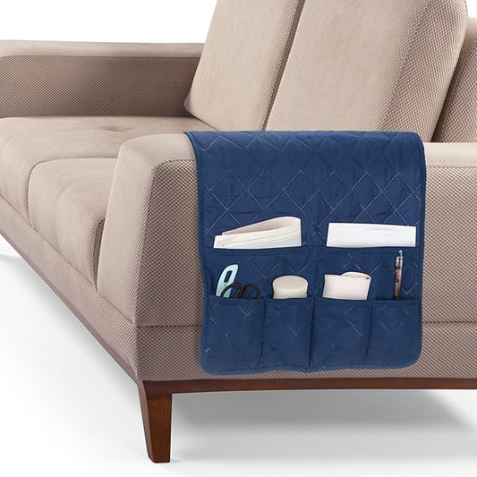uxcell Couch Sofa Armrest Organizer Non-Slip Chair Arm Recliner Remote Control Organizer with 6 Pockets for Books, Magazines, Tablet, Phone, Plaid Navy Blue