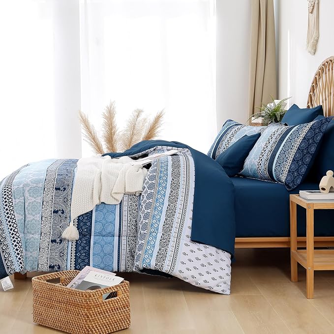 Boho Comforter Set King Size,8 Pieces Navy Blue Bohemian Striped Bed in a Bag,Paisley Soft Microfiber Bedding Comforter Set