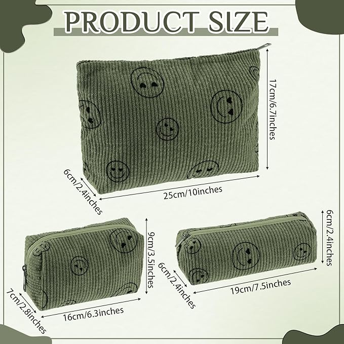 Huhumy 3 Pcs Makeup Bag Set for Women Corduroy Cosmetic Pouch Aesthetic Smile Travel Toiletry Bag Cute Purse Pouch Pencil Case Makeup Brushes Storage Organizer for Valentine(Army Green,Smile Face)