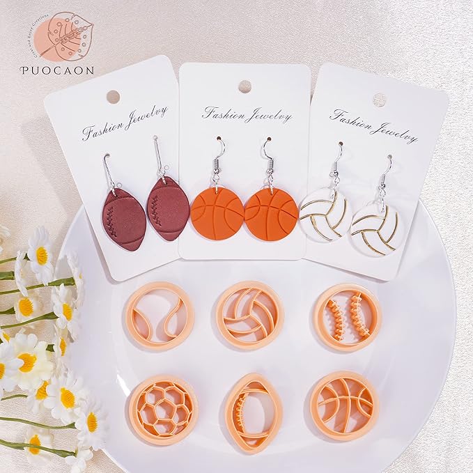 Puocaon Sports Polymer Clay Cutters - 6 Shapes Sports Balls Clay Cutters for Polymer Clay Earrings Making, Football Baseball Shapes Polymer Clay Cutters for Jewelry Making, Sports Clay Cutters Set