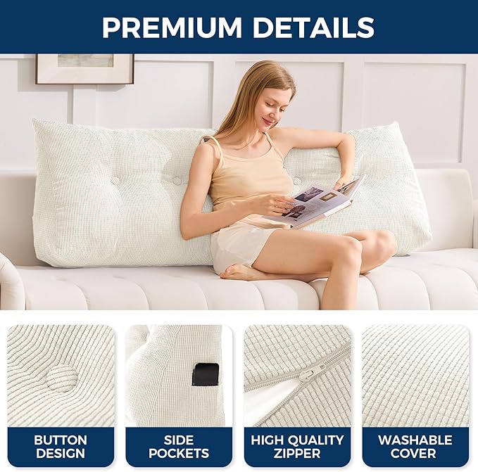 Headboard Pillow Twin, Triangle Pillows for Headboard, Head Board Backrest Wedge Pillow for Reading Sitting Working, Daybed Pillows with Removable Cover for Bed Dorm Sofa, Beige