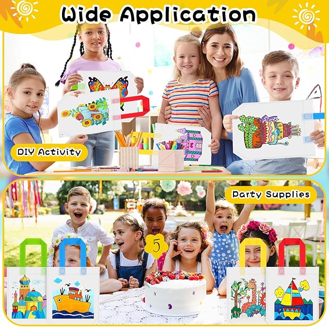 Loccmat 48 Pcs Coloring Goodie Bags for Kids,Reusable Art Party Favor Bags,Non Woven Coloring Totes,Color Your Own Bag,Graffiti Goodie Bags,Birthday Party Favor Bags (22 Styles,240 Colorful Pens)