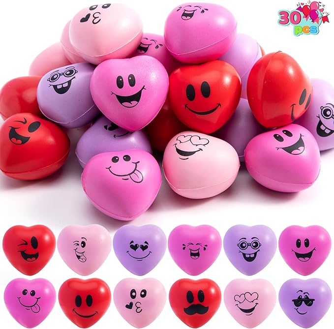 JOYIN 30 PCS Valentine's Day Heart Stress Balls 1.5"x1.5" for Kids, Squishy Toys Slow Rising for School Carnival Reward, Valentine Party Present Fillers, Valentines Day Gifts, Relieve Stress Toys
