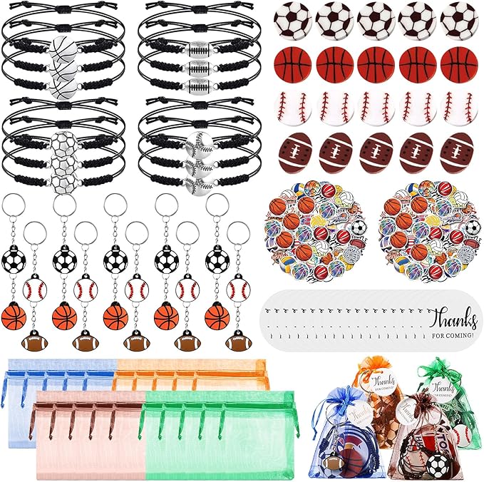 Libima 150 Pcs Sport Party Favors Set Include 20 Charm Bracelet 20 Keychains 20 Organza Goodie Bag 20 Sports Erasers 50 Stickers 20 Thanks for Coming Tags for Birthday Party Gift, 4 Styles