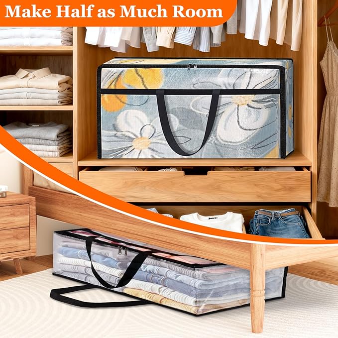 4 Pack Long Clear Storage Bags for Comforter, Clothes & Bedding, Plastic Blanket Storage with Zipper and Handle, Moving Bags, Closet Organizer and Under-Bed Storage (90L, 39.4"*7.1"*19.7")