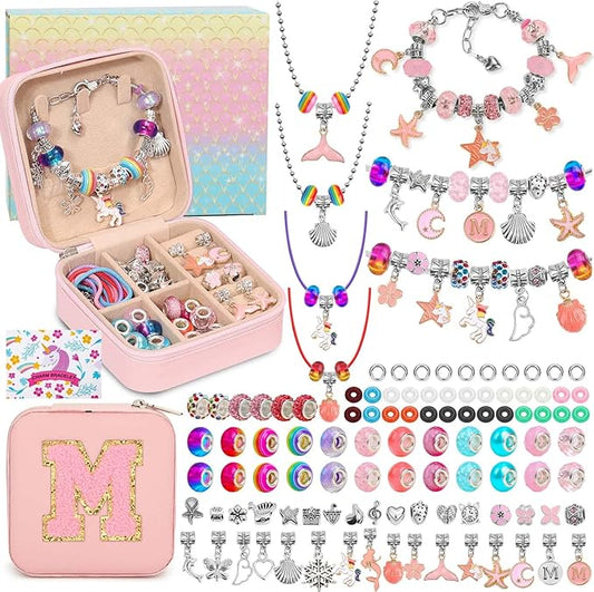 LifeisLuck Charm with Bracelet Making Kit, Jewelry Making Kit for Girls DIY Bead Necklace Kit with A to Z Bracelet Box Unicorns Crafts Arts Girls Toys Age 8-12 Birthday Gifts for Kids - M