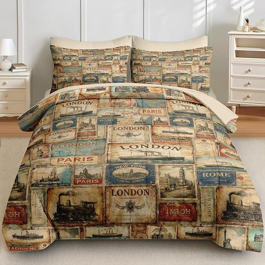 Comforter Set Queen Size, Vintage Travel Nautical 7 Pcs Bedding for Kids and Adults, Retro Antique Bed Sheet Sets with Fitted Sheet 2 Pillowcases & 2 Shams for Bedroom Bed Decor