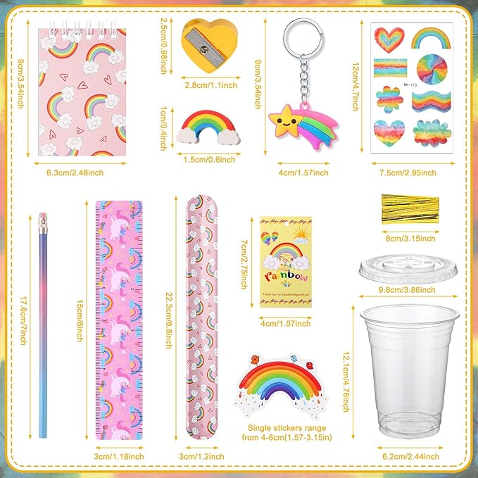 251 Pcs Party Favors Set Includes Drink Gift Cup Mini Notebooks Pencils Heart Eraser Pencil Sharpener Slap Bracelets Ruler Tattoo Stickers Cards Keychain School Stationery Set(Rainbow)