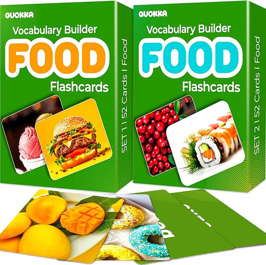 QUOKKA 104 Food Flash Cards Set – Kids and Adults Vocabulary Builder for ABA Therapy, Early Childhood Education, and ESL Teaching – Picture Cards for Speech Therapy and Vocabulary Building Activities