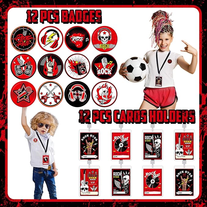 Blosssound 122 Pcs Rock and Roll Party Favors with Rock Star Silicone Bracelets VIP Pass Badges Stampers Keychains Stickers Let's Rock Birthday Party Supplies for 80s 90s Rock Music Party Decorations
