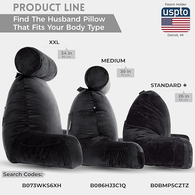 Husband Pillow Black, Original Reading Pillow in Bed Rest Chair, Shredded Memory Foam Large Lounge Cushion Adult Backrest with Arms, Comfy Back Support for Sit Sitting Up, Washable/Removable Cover