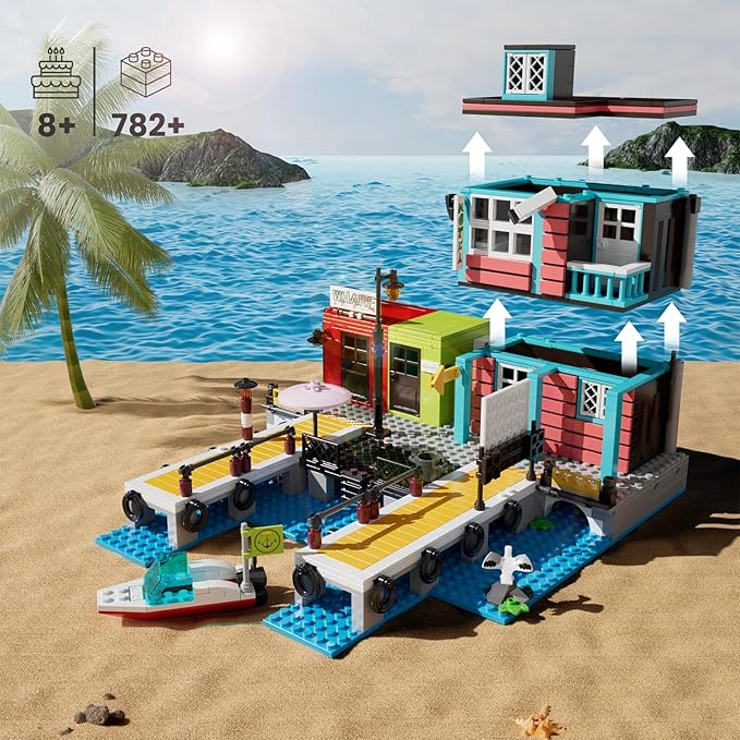 Mould King Dockside Inn Toy Building Set, Fisherman's Wharf House Model with Rescue Ship, Collectible Hotel Shop Block Kits, Display Model Toy for Boys Age 8+ Girls and Adults (782 Pieces) 10148