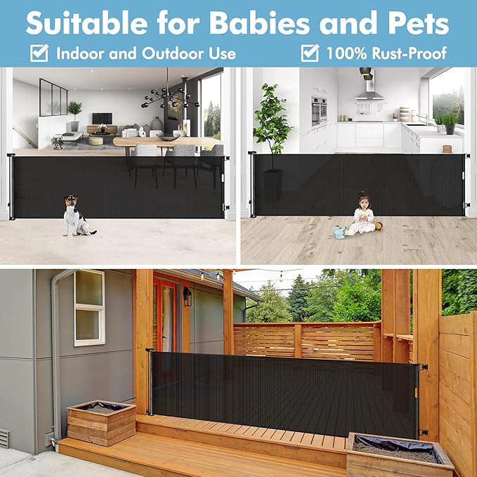 75 Inch Extra Wide Retractable Baby Gate for Wide Openings Child Gate Indoor Outdoor Retractable Gate Large Baby Gate Retractable Gates for Dogs Mesh Dog Gate for Stairs, Doorways, Porches, Black