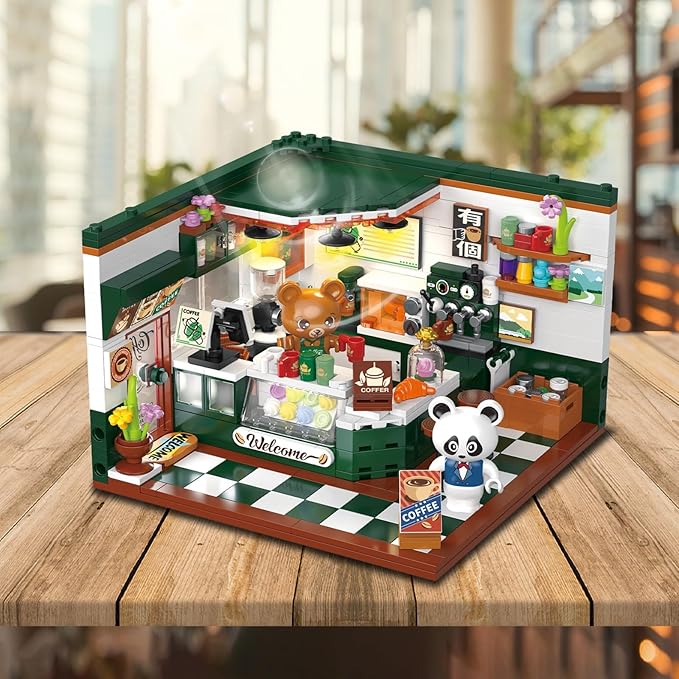Friends House Building Block Set, Bear Cafe Shop Business City View Small Brick Model, Mini Construction Toy, Hobbies Christmas Birthday Gift for Teens Children Kids Boys Girls 6+, 527pcs