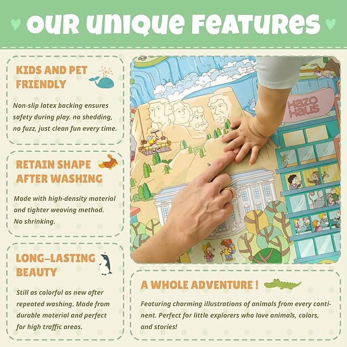 Large Kids Area Rug 6x9 – Interactive North America Map Carpet with States, Animals & Famous Landmarks – Soft Non-Slip Learning Play Mat for Kindergarten, School, or Bedroom Décor