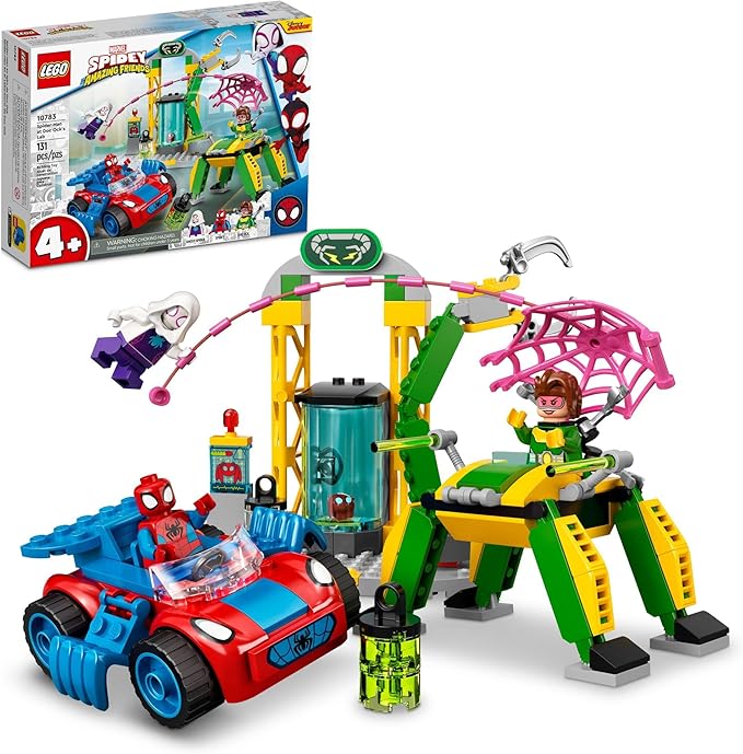 LEGO Marvel Spidey and His Amazing Friends Spider-Man at Doc Ock’s Lab 10783 Building Kit; Super-Hero Playset with Spider-Man, a Vehicle and 2 Other Minifigures; Gift for Kids Aged 4+ (131 Pieces)