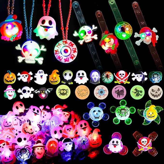 Halloween Party Favors for Kids - 57 PCS Halloween Decorations LED Flash Rings Light Up Necklaces Halloween Toys, Glow in the Dark Halloween Party Supplies, Halloween Gifts/Halloween Treats for Kids