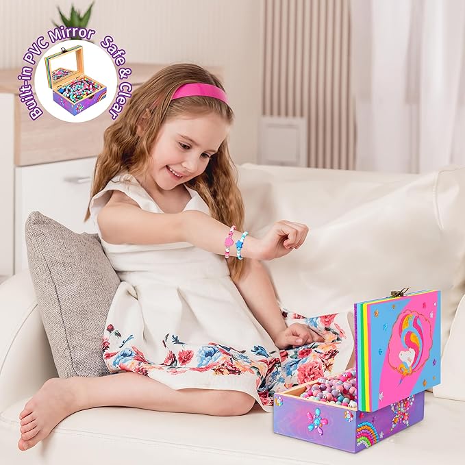 Arts and Crafts for Kids Girls Age 6-8, Paint Your Own Jewelry Box & Bracelet Making Kit, Unicorn Toys for Girls 8-12 Years Old, 250PCS Wooden Beads Charms Jewelry Making Kit Christmas Gift