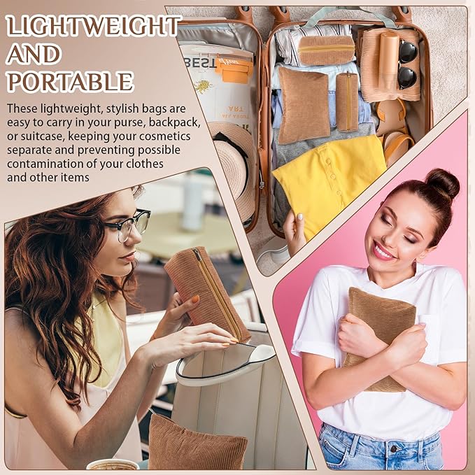 Huhumy 3 Pcs Makeup Bag Set for Women Corduroy Cosmetic Pouch Aesthetic Smile Travel Toiletry Bag Cute Purse Pouch Pencil Case Makeup Brushes Storage Organizer for Valentine(Brown,Solid Style)