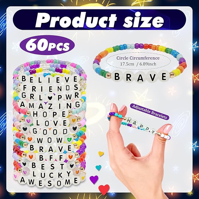 60 Pcs Colorful Friendship Bracelet Set for Girls Stretchy Bracelets for Kids and Women Beaded Friendship Bracelets for Teen Girls Party Favors
