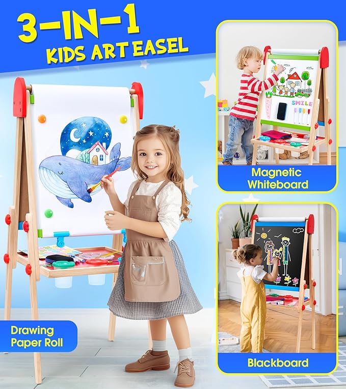 Art Easel for Kids, 3 in 1 Adjustable Double Sided Kids Easel with Magnetic Whiteboard, Chalkboard, 2 Paper Rolls and Accessories, All in One Wooden Toddler Easel, Art Easel for Kids Ages 2-4 4-8 8-12