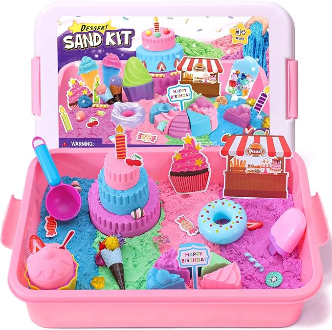 G.C Ice Cream Sensory Bin for Girl Kid Toy, 108pcs Play Sand Art Kit with Sandbox/2lb Color Sand/Cake Molds/Plastic Dessert, Sensory Toy Christmas Birthday Gift for Girl Toddler Ages 3 4 5 6 7 8
