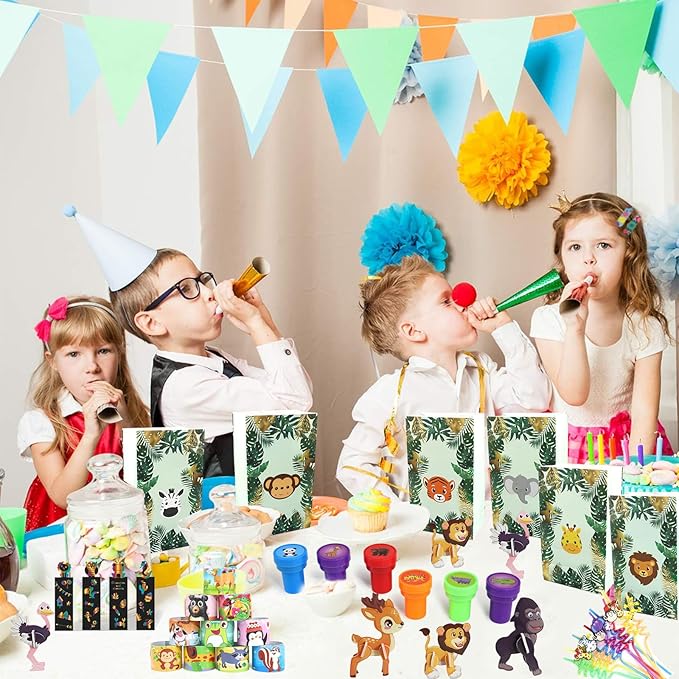 158PCS Jungle Safari Party Favors Set – Wild Animals Goodie Bag Stuffers, Masks, Straws, Stamps, Keychains, Gift Bags, Assembly Toys for Kids Birthday Party, Boys & Girls Party Favors
