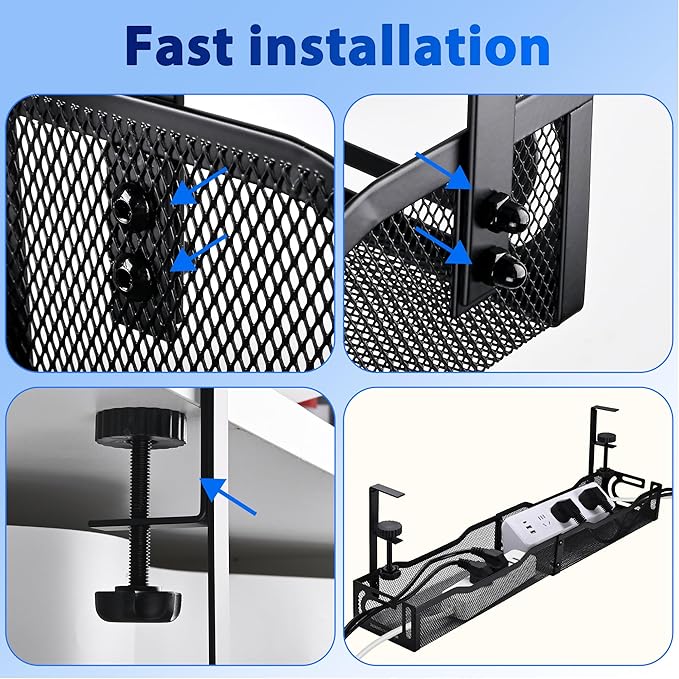 Under Desk Cable Management Box 25.3 Inch – Clamp-Mounted Cable Organizer Tray, Large Cord Management Box for Office & Home, Wire Organizer Under Desk Storage, Black