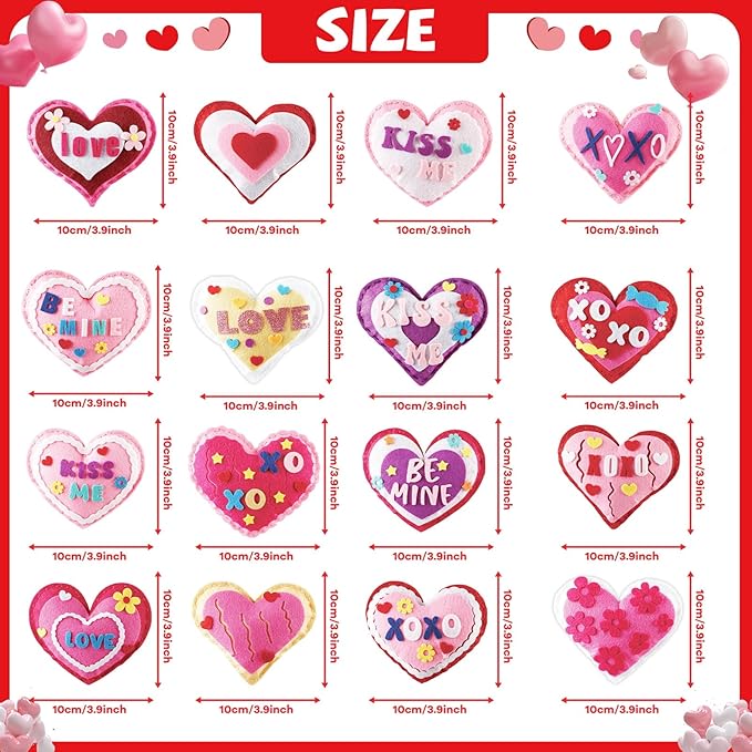 16 Sets Valentine's Day DIY Stuffed Craft Kit Heart Sewing Kit Valentines Day DIY Sewing Set for Beginners Heart Educational Gift Set for Boys and Girls Valentines Felt Ornaments Decoration for kids