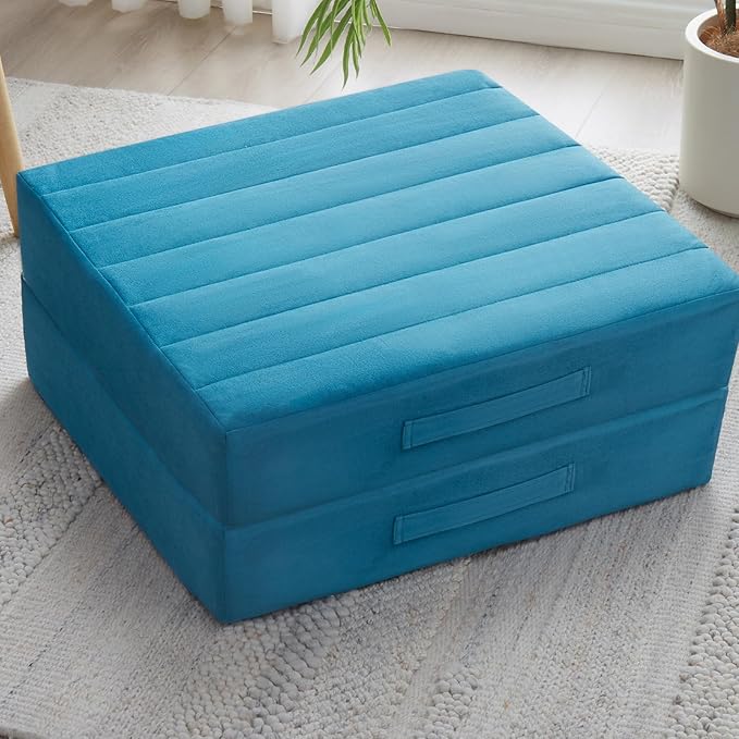 2 Pcs High Density Foam Floor Pillow - Upgraded Large Pillows Seating for Adults - Outdoor Floor Cushion with Soft Tufted Cover - Yoga Pillows for Sitting On Floor - 22 Inch Peacock Blue