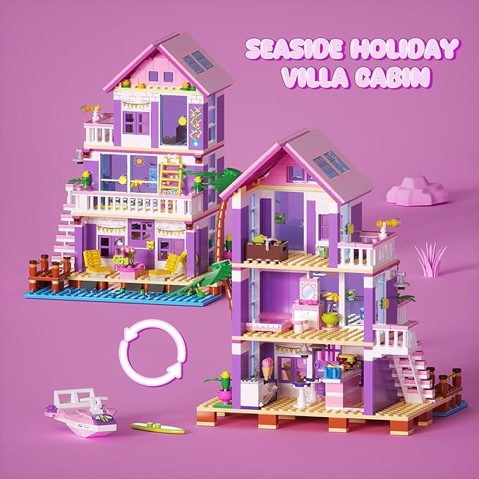 Beach House Building Set, Seaside Villa House Building Toys Compatible with Lego Friends Sets for Girls Age 8-12, Creative Holiday Cottage Building Kit, Birthday, Valentine's Day