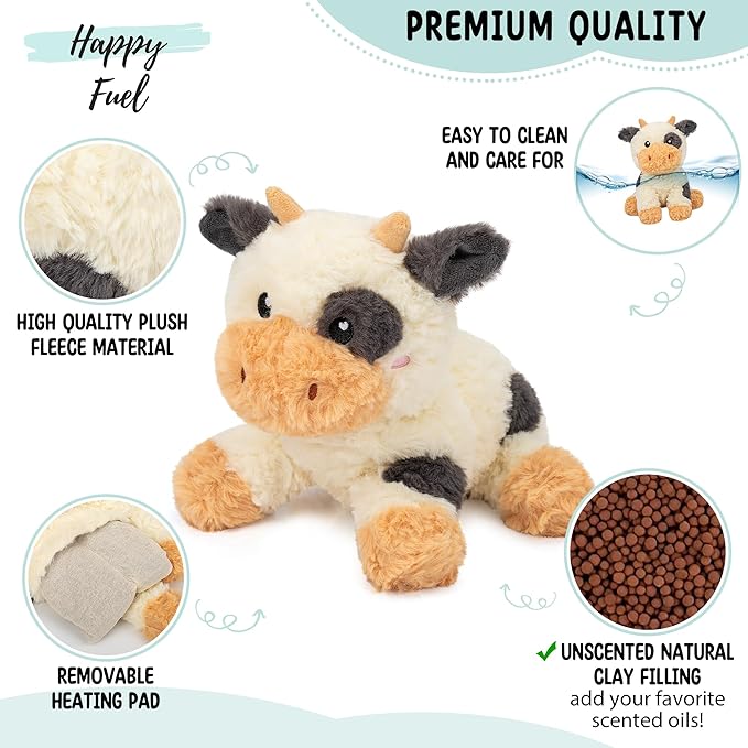 Happy Fuel Cow Microwavable & Weighted Stuffed Animals - 1.5 Lbs Unscented Heating Pad for Period Cramps Pain Relief and Anxiety, Cute Black Cow Plush Toys Gifts for Women Girls Adults and Kids