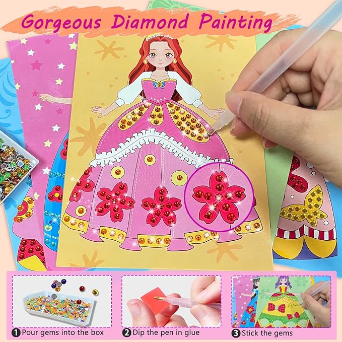 4-in-1 Dress Up Game Set, Princess Fantasy Makeup, Fashion Dress-Up Stickers, Mermaid Stickers & Diamond Painting, Creative Paper Art Craft Kits Toys, Ideal Birthday Gift for Girls Ages 4 5 6 7 8 9+