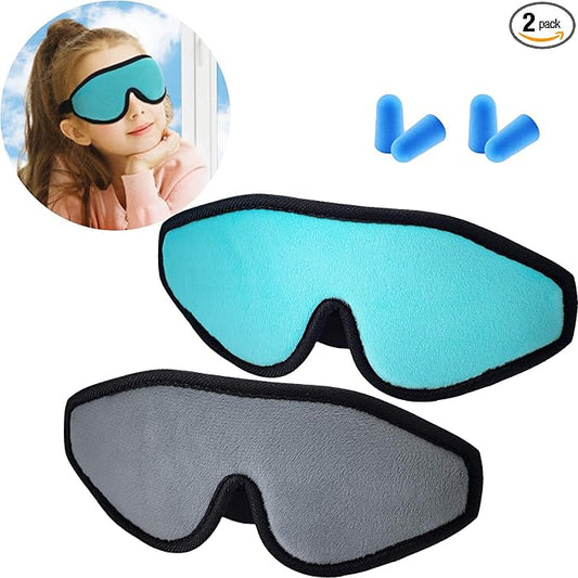2 Pieces 3D Sleep Mask for Kids Memory Foam Contoured Eye Mask, Travel Sleep Eye Cover with Adjustable Strap, 3D Blindfolds(Gray and Green)