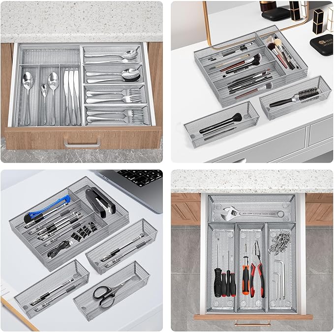 Neudeco Drawer Organizer Set 5 Pack - 4-Compartment Silverware Organizer Tray + 4 Utensil Trays, Kitchen Drawer Organizer for Flatware, Cutlery, Office Supplies, Silver Mesh, Non-Slip,Silver