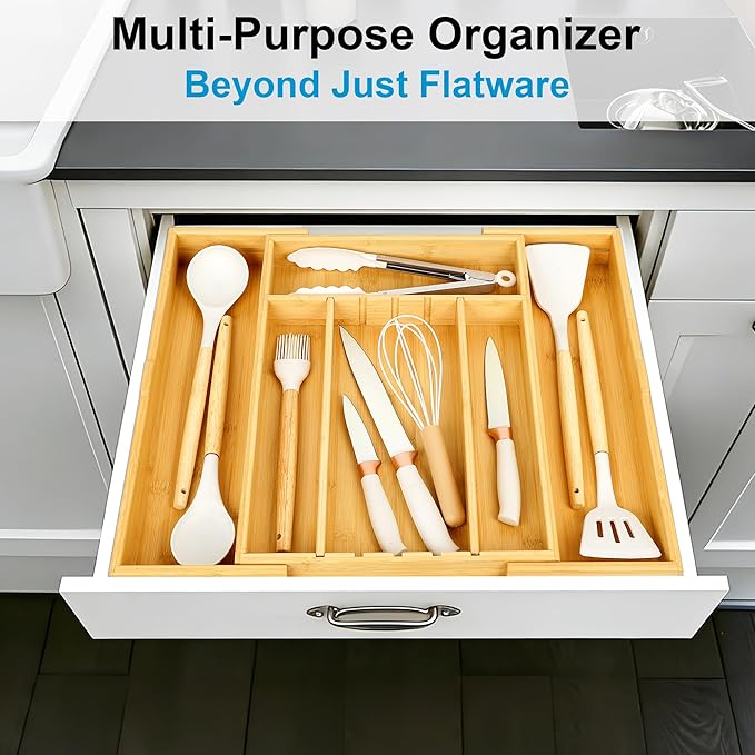 STS SELECTED Bamboo Expandable Silverware Organizer - Adjustable Cutlery Tray with 3 Removable Dividers & 5 Tracks, Drawer Organizer for Utensils, Stationery, Tools (12.6" to 20.5")