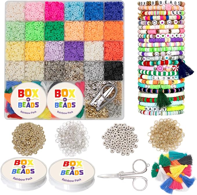 Felix LeChef Clay Bead Bracelet Making Kit for Girls Ages 10-12, 6000 Pcs Jewelry Craft Set, 24 Color Flat Clay Heishi Bead kit, Tassels and Charms for Jewelry Making, Preppy Friendship Bracelets