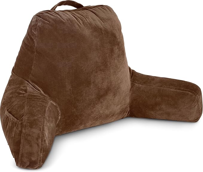 Husband Pillow Chocolate, Original Reading Pillow in Bed Rest Chair, Shredded Memory Foam Large Lounge Cushion Adult Backrest with Arms, Comfy Back Support for Sit Sitting Up, Wash/Removable Cover