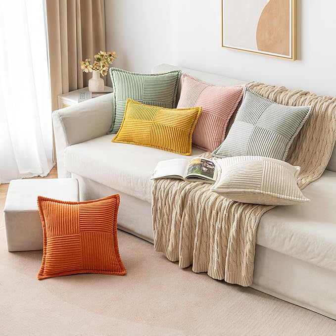 MIULEE Mustard Yellow Corduroy Decorative Euro Sham Pillow Covers 24x24 Inch with Splicing Set of 2 Soft Boho Pillow Covers Broadside Textured Summer Pillowcases for Couch Bed Livingroom